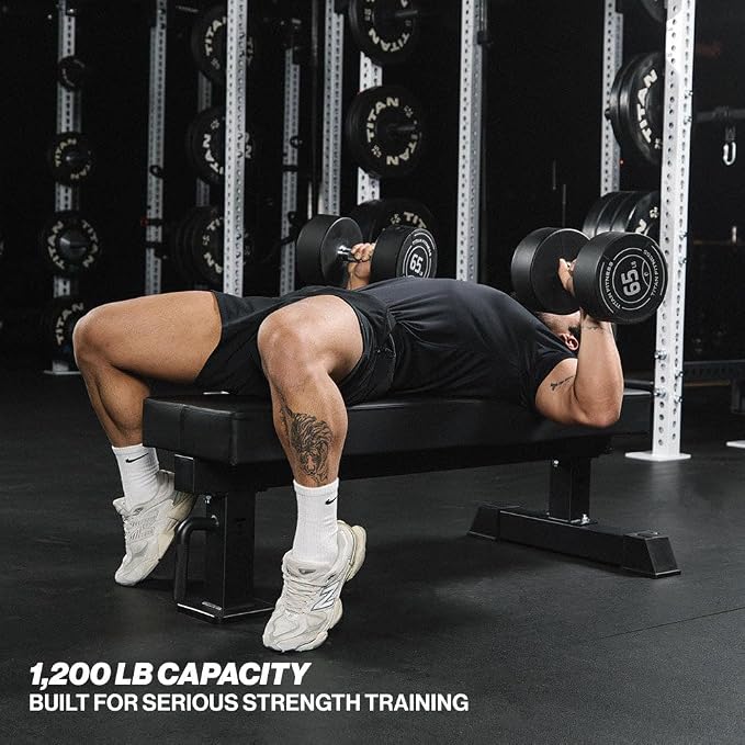 Titan Fitness TITAN Series Single Post Flat Bench, Rated 1,200 LB, 4" Thick HeftyGrip Vinyl Pad, Dedicated Home Gym Competition Weightlifting & Strength Training Utility Bench
