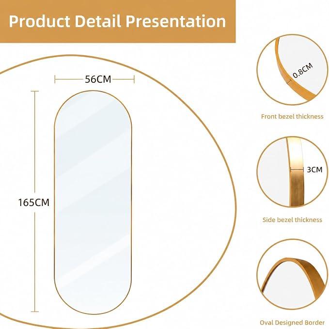 ZHUNFA Arched Full Length Floor Mirror, 65x 22 Oval Mirror with Metal Frame | Large Wall Mounted Arched-Top Body for Living Room, Bedroom, Bathroom, Entryway, Dressing Room, Gold