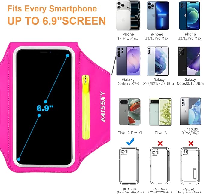 Running Armband with Earphone Pouch Fits Phones up to 6.9" | Cell Phone Armband for iPhone, Water Resistant & Breathable Sports Phone Holder & Zipper Pocket Car Key Holder for Jogging