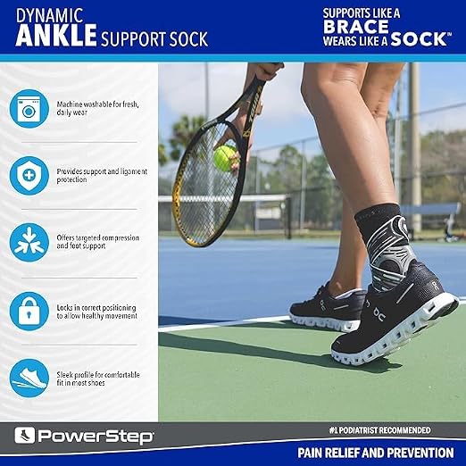 PowerStep Dynamic Ankle Support Sock, Ankle Brace and Ankle Compression Sock, for Flexibility, Ankle Support and Injury Prevention, Pain Relief, Unisex (Left Medium, Men's 7-9.5, Women's 8-10.5)