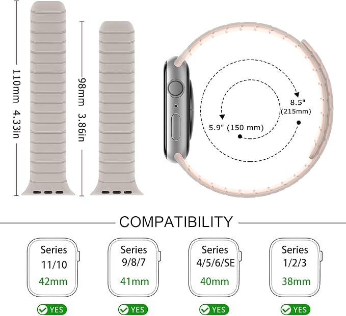 Tasikar Magnetic Bands Compatible with Apple Watch 42mm(Series 11/Series 10) 41mm 40mm 38mm Soft Silicone Replacement Loop Wristband for iWatch SE Series 11 10 9 8 7 6 5 4 3, Starlight-Pink