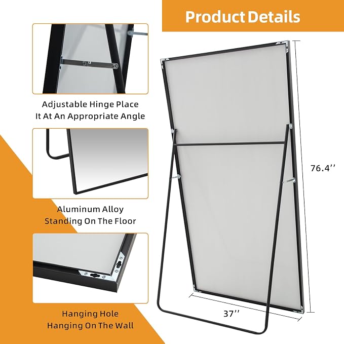 LFT HUIMEI2Y 76.4"x37" Full Length Mirror, Black Floor Mirror | Tempered Oversized Mirror Full Body with Aluminum Alloy Frame; Standing, Leaning, or Wall Mount for Bedroom, Living Room