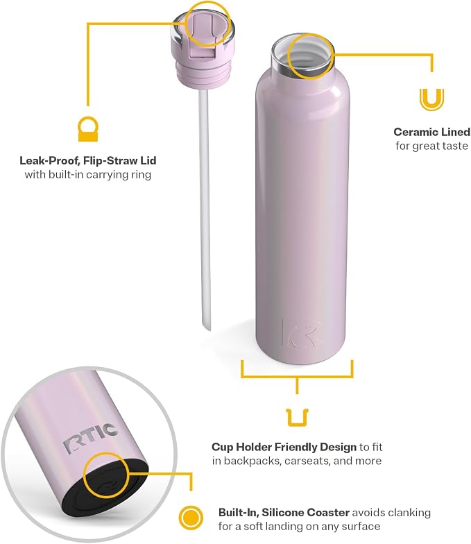 RTIC 26oz Journey Water Bottle, Ceramic Lined, Pale Pink Glitter | Stainless Steel Metal, Insulated for Hot and Cold Drinks, Sports, Travel and Camping