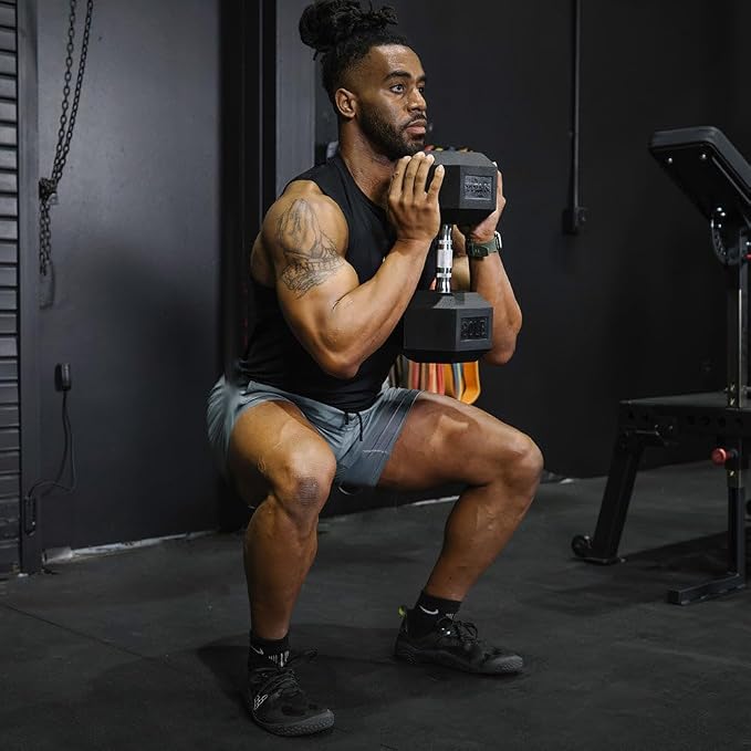 Titan Fitness Rubber Hex Dumbbells, 5 LB-50 LB Set of Pairs, Roll-Resistant Hexagonal Free Weights, Hex Dumbbell Set with Chrome-Coated Handles, Free Weight Set, Strength Training Equipment