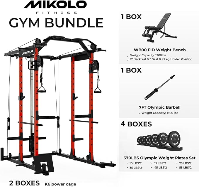 Mikolo Power Cage, Power Rack with Cable Crossover System, 1500LBS Squat Rack with LAT Pull Down System, Workout Cage with Pulley System for Fitness Home Gym