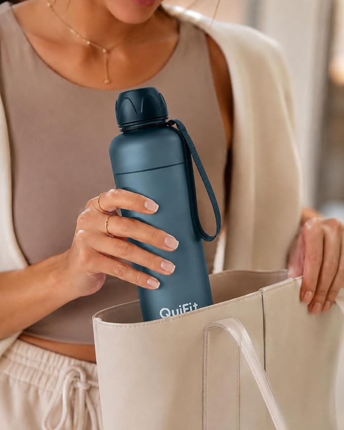 Slim Water Bottle 32 OZ with Stainless Steel Lid, Dishwasher Safe 1 Liter Plastic Water Bottle BPA-Free, Leakproof Lightweight with Time Marker, Reusable for Running School Sport Gym Travel Hiking