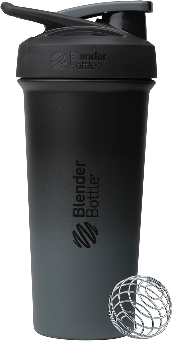 BlenderBottle Sport Sleek Shaker Cup Insulated Stainless Steel Water Bottle with Wire Whisk, 25-Ounce, Smokestack (Black/Grey)