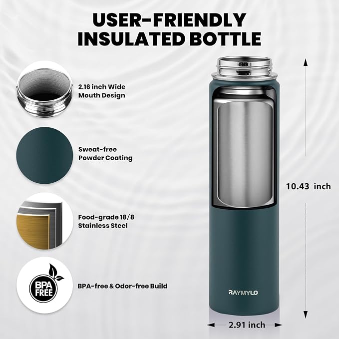 RAYMYLO Insulated Water Bottle 24 oz, Triple Wall Vacuum Stainless Steel | (Cold for 24Hrs, Hot for 12Hrs), Leak Proof & Non-BPA, Modern Water Flask Jug with Paracord Handle & Straw Spout Lids