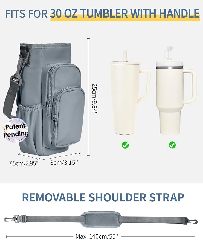 sportsnew 30/40oz Crossbody Water Bottle Holder Anti-Tip Tumbler Carrier | Lightweight Bottle Sling Fits Handled Tumbler w/ Phone Pocket, Adjustable Strap, Insulated Lining, Hands-free for Hiking Gym