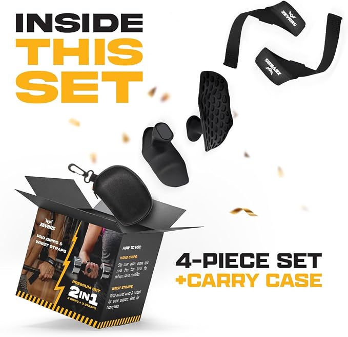 Workout Grips & Wrist Straps Set - Anti-Slip Silicone Hand Grips + Lifting Straps for Gym, Weightlifting, Pull-Ups, Deadlifts - Gloves Alternative (2 Grips + 2 Straps + Carry Case)