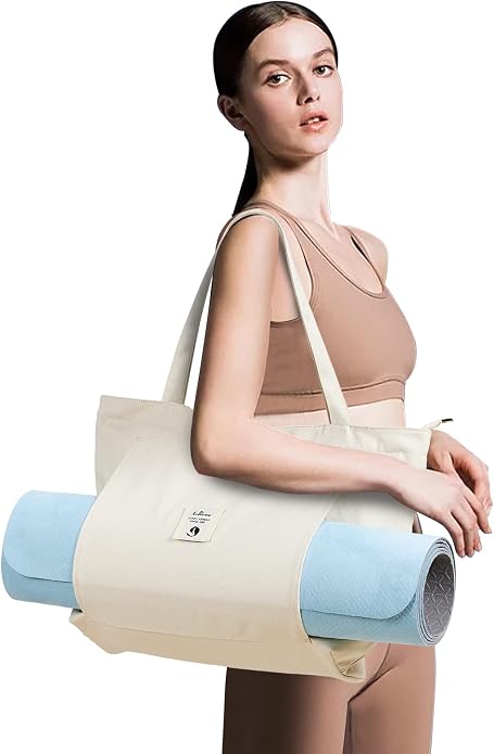 WLLWOO Yoga Mat Carrier Bag for Women Canvas Carryall Tote Gym Pilates | Large Holder Zipper Shoulder for Beach Travel Workout Fitness Office