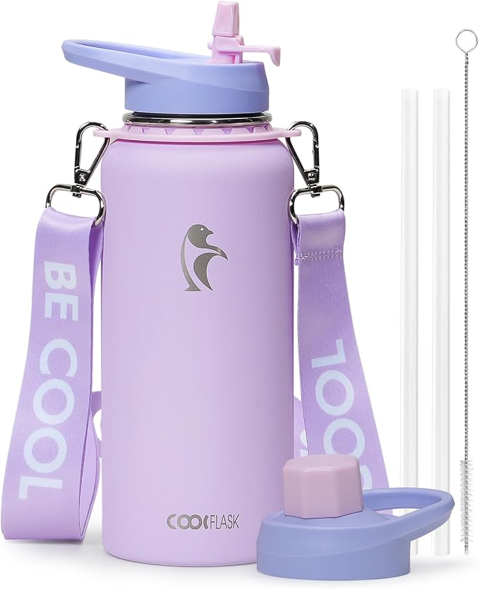 Coolflask 32 oz Water Bottle Insulated Stainless Steel with Strap | Metal Water Flask with Straw & Spout Lids, Triple-Wall, Cold 48+h, Dishwasher Safe, Leakproof, BPA-Free, for Gym & Hiking