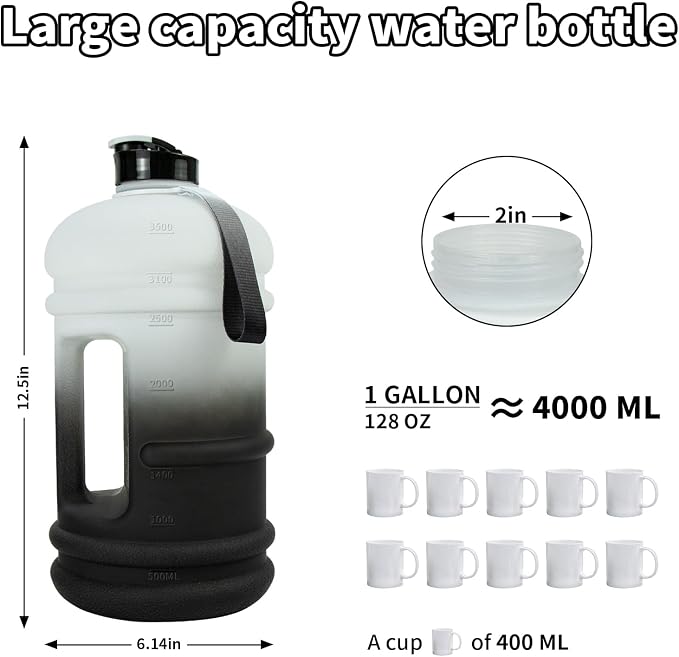 TOOFEEL Gallon Water Bottle - 128 oz with Flip Lid & Handle - BPA Free with Measurements - Black & White Gradient