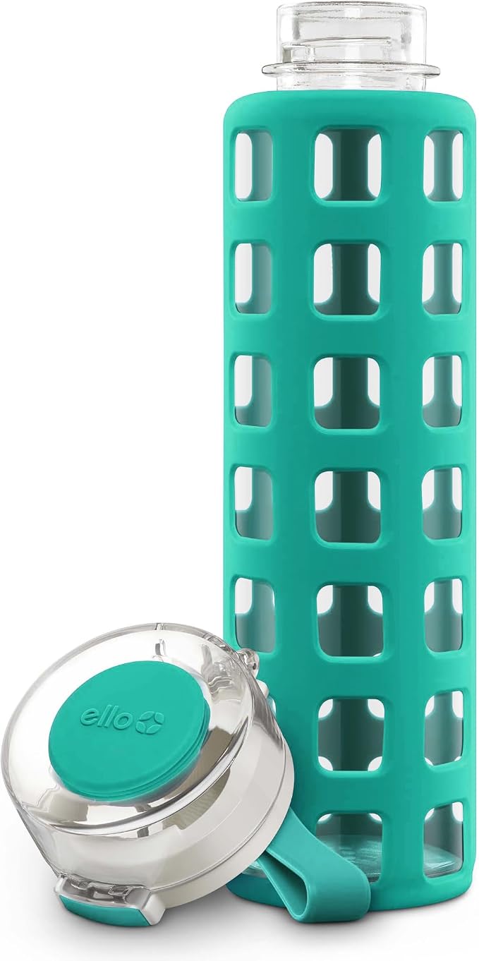 Ello Syndicate 20oz Reusable Glass Water Bottle with One-Touch Leak Proof Flip Lid & Protective Non-Slip Silicone Sleeve & Carry Loop for Coffee, Tea & Water, BPA-free, Dishwasher Safe (Pack of 6)