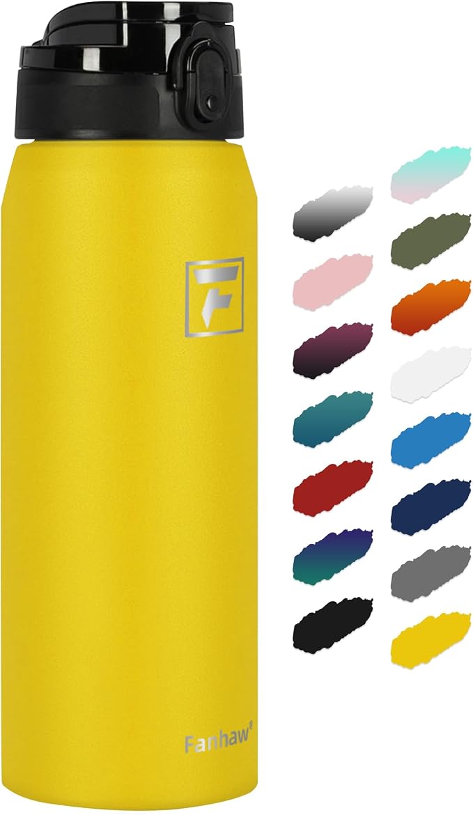 Fanhaw 24 oz Insulated Stainless Steel Water Bottle with Anti-Dust Chug Lid, Leakproof Vacuum Metal Everyday Use Bottle for Kids, Teens & Adults, Back to School Essentials (Yellow)