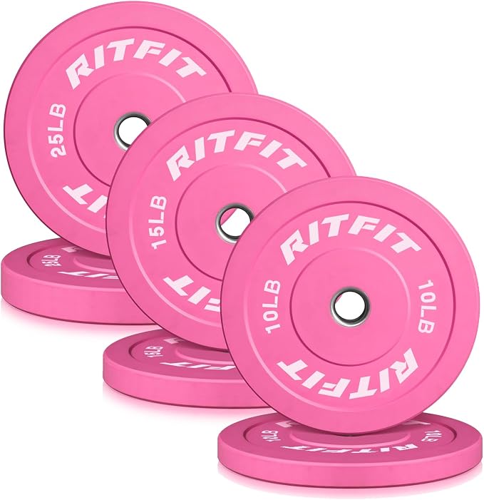 RITFIT Pink Olympic Bumper Plates with Steel Insert for Home Gym | High-Density Rubber with Low Bounce, 2-Inch Olympic Bore with Steel Insert, Pink Color for Strength Training