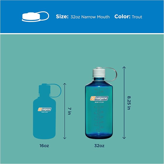Nalgene 32 oz Narrow Mouth Water Bottle, Trout | BPA-Free, Durable & Lightweight, Leak Proof, Dishwasher Safe, Large Reusable Plastic Bottle for Hiking, Gym, Work & Travel