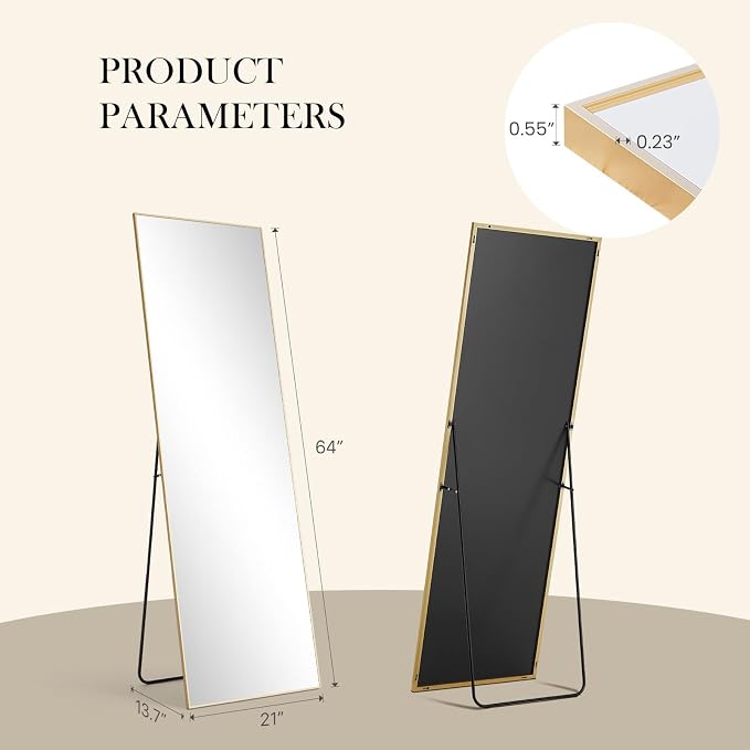 DUMOS 64"x21" Full Length Mirror, Full Body Mirror, Gold | Aluminum Alloy Thin Frame, Leaning or Hanging, Suitable for Bedroom, Livingroom, Cloakroom