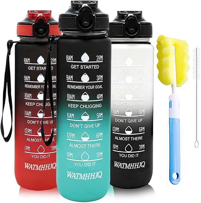 32oz Sports Water Bottle Outdoor, with Drinking Time and Capacity Labels, Sport Water Cups with Straw,BPA Free Leak Proof,for Fitness Gym Running Climbing(Black green)