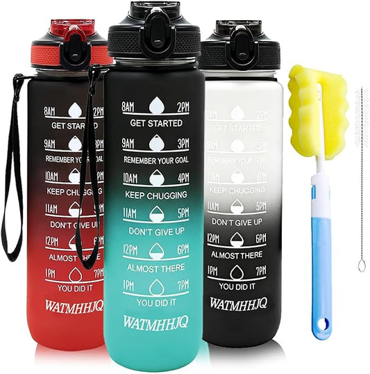 32oz Sports Water Bottle Outdoor, with Drinking Time and Capacity Labels, Sport Water Cups with Straw,BPA Free Leak Proof,for Fitness Gym Running Climbing(Black green)