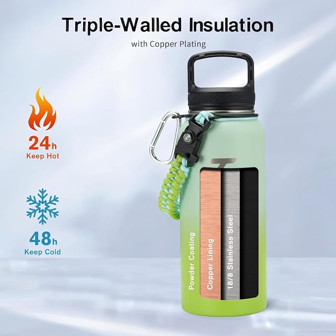 Trebo Insulated Water Bottle 32 oz with 3 Lids, Paracord Handle & Sleeve | Stainless Steel Metal Flask Vacuum, Triple Wall Copper Plated, Dishwasher Safe, Cold 48Hrs for Trail, Hiking, Wide Mouth