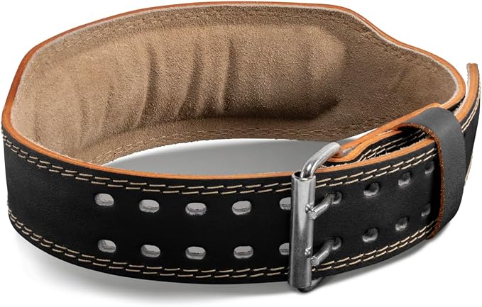Harbinger Padded Leather Contoured Weightlifting Belt - 4" or 6” Width - Interior Suede Lining & Foam Cushioning - Heavy-Duty Dual Prong Steel Roller Buckle - for Lifting Support