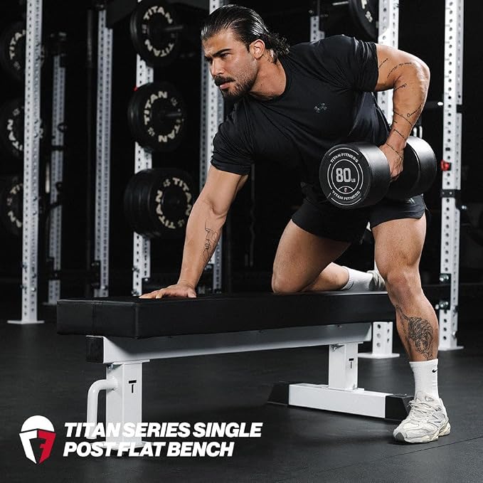 Titan Fitness TITAN Series Single Post Flat Bench, Rated 1,200 LB, 4" Thick HeftyGrip Vinyl Pad, Dedicated Home Gym Competition Weightlifting & Strength Training Utility Bench