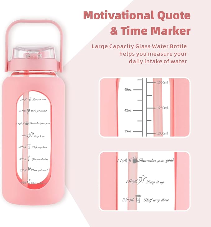 52 oz Glass Water Bottle with 2-in-1 Straw Lid Large Half Gallon Water Bottle with Time Marker & Removable Silicone Sleeve,Wide Mouth BPA-Free Borosilicate Bottle for Gym, Workout & Daily Use