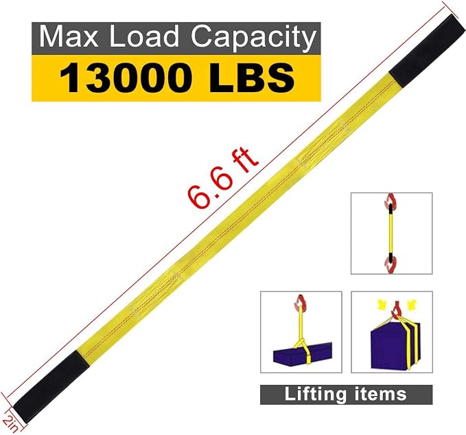 Lift Sling Straps, JCHL 6.5'X2 Heavy Duty Flat Eye Lift Sling 13,000 lbs Capacity Lifting Straps Nylon Tree Saver Recovery Strap Web Sling Winch Strap 2-Pack