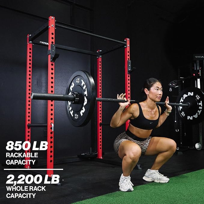 Titan Fitness T-2 Series Short Power Rack, Skinny Pull Up Bar, Pin and Pipe Safeties, Standard J-Hooks, for Home Garage Gym Weightlifting and Strength Training