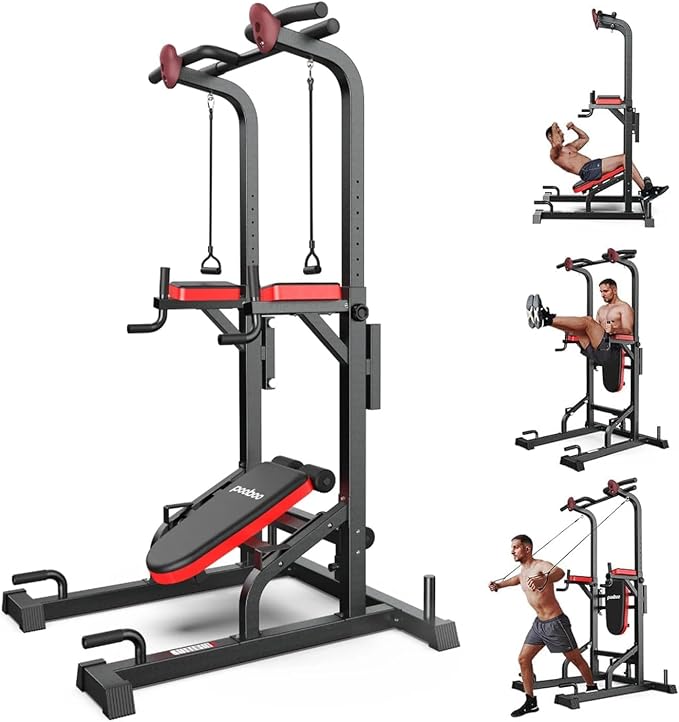 Pull Up Bar Power Tower Dip Station, 450LB Adjustable Home Gym Equipment | 11-height adjustment supports pull ups, dips, knee raises, push ups and versatile full-body strength training