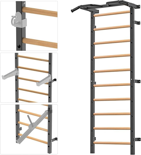 Kipika Gymnastic Stall Bar - 2"x2" Swedish Ladder with 1" Hole, Wall Mounted Pull-up Bar Ladder Suspension Trainer, Solid Wood Grips Gymnastics Training Bar for Home, Wall Gym, School