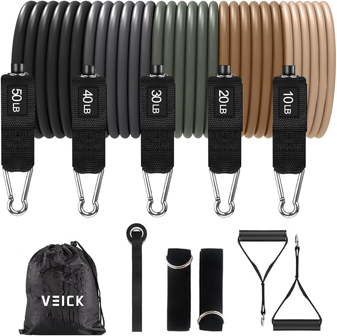 VEICK 10-150LBS Resistance Bands with Handles, Ankle Straps, Door Anchor | Accredited Lab Certified, 100% Natural Latex, Versatile for Yoga, Pilates, Strength, Home Gym