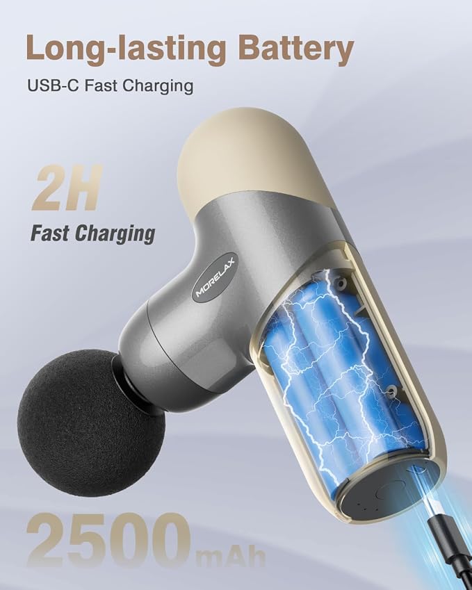 Morelax Mini Massage Gun Deep Tissue, Portable Percussion Muscle Massager for Whole Body Pain Relief, Electric Handheld Sport Massager with 6 Massage Heads 4 Speed, Best Gift (Silver Beige)
