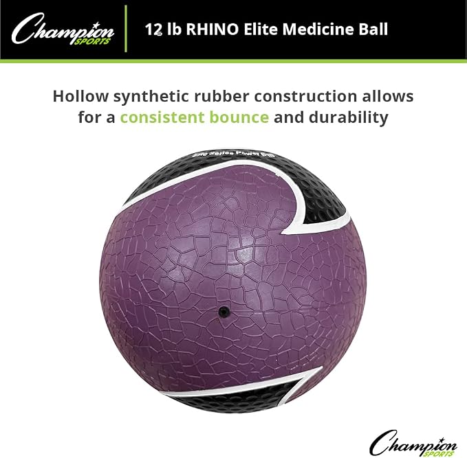 Champion Sports Rhino Elite Medicine Ball – Textured Surface, Superior Grip, Hollow Synthetic Rubber for Consistent Bounce & Durability, Multiple Weights & Colors - Optional Rebounder Sold Separately