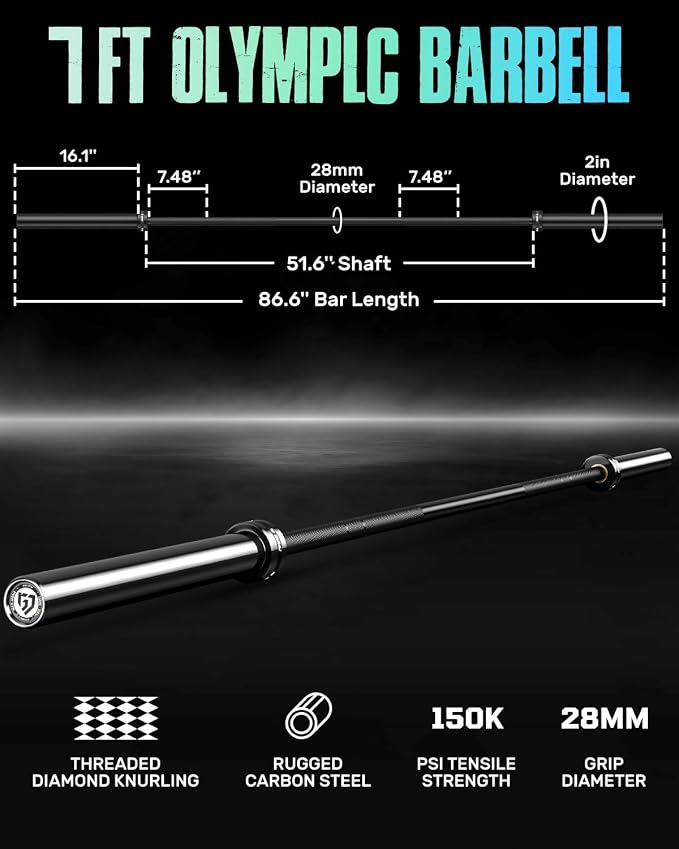 PB01 7FT Olympic Barbell, Weight Bar with Knurled Grip for Squats, Deadlifts, Weightlifting, Strength Training, Bench Press, Fits 2-inch Standard Weight Plates, 1500LB Capacity