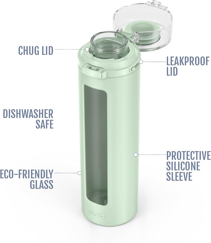 Ello Syndicate 20oz Glass Water Bottle with Flip Lid and Sleeve, Sage | Glass water bottle for iced drinks with leakproof flip lid, silicone sleeve, carry loop, BPA-free, and dishwasher safe