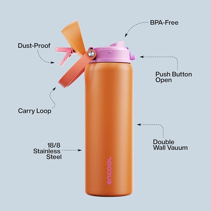 Insulated Water Bottle with Straw - Encool Stainless Steel Water Bottle with Push Button Lid, Leak-Proof & BPA-Free, Keeps Cold for 24 Hours for Sports, Travel, Gym (32 oz, Tiger Eye)