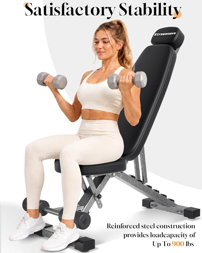 Fitness Bench, Adjustable, Comfortable, Fashionable, Foldable and Extended Headrest with 192 Positions Incline Decline 900LBS Home Gym Bench for Strength Training