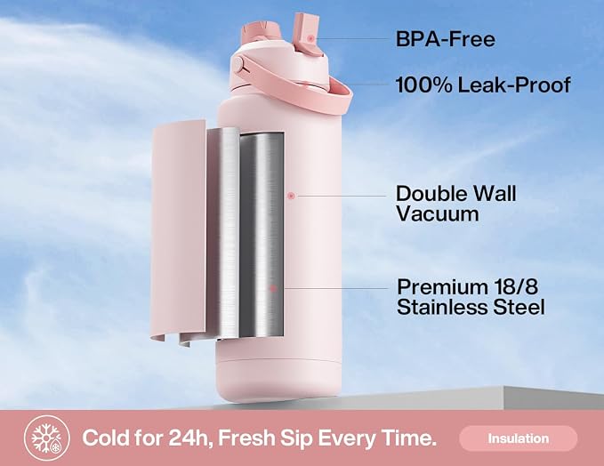 POWCAN 40 oz Insulated Water Bottle with 2-in-1 Straw and Spout Lid, Glow-in-the-Dark, 24H Cold, Leakproof, BPA-Free, Double Wall Stainless Steel for Sports, Gym, Travel, School (Sun-Kissed Flamingo)