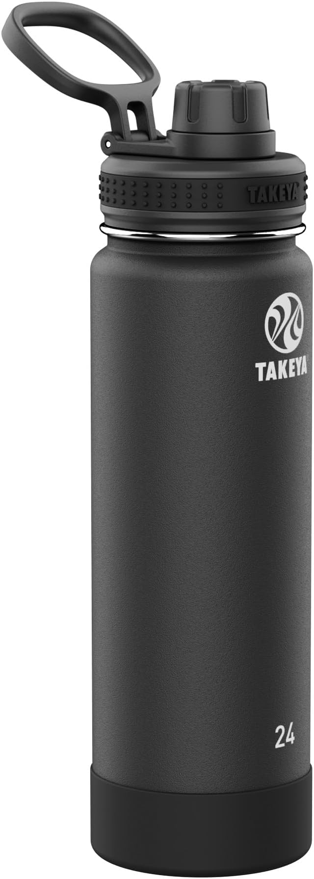 Takeya Actives Stainless Steel Water Bottle, Insulated Spout Lid, Keeps Drinks Cold 24 Hrs, Leakproof, Durable, Dishwasher Safe, Ideal for Gym, Travel, Fits Most Cup Holders, 24 oz/Onyx
