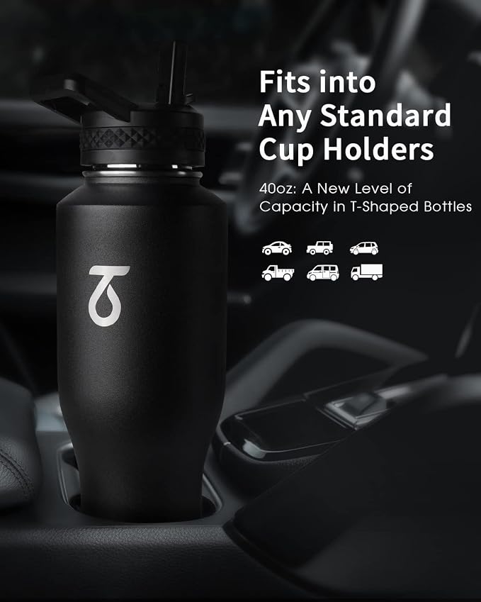 Trebo 40 oz Water Bottle Insulated Fit in Any Car Cup Holder with 2 Lids | Stainless Steel T-shape Tumbler with Paracord Handle, Triple Wall Vacuum Copper Plated, Cold 48 Hrs for Travel, Wide Mouth