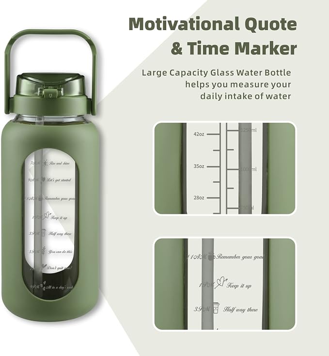 64 oz Glass Water Bottle with 2-in-1 Straw Lid Large Half Gallon Water Bottle with Time Marker & Removable Silicone Sleeve,Wide Mouth BPA-Free Borosilicate Bottle for Gym, Workout & Daily Use