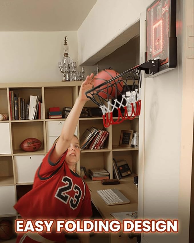Indoor Basketball Hoop Pro for Kids, Over The Door Basketball Hoop with LED Light/Scoreboard/4 Balls- Upgraded Anti-Impact Backboard, Basketball Toys Gifts for 6 7 8 9 10 11 12 Year Old Boys