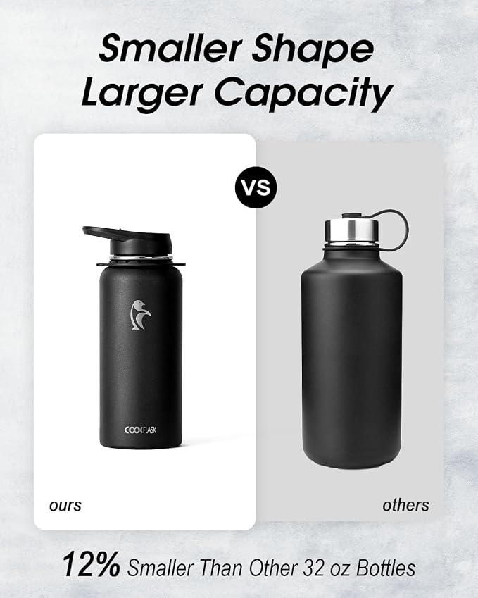 Coolflask 32 oz Water Bottle Insulated Stainless Steel with Strap | Metal Water Flask with Straw & Spout Lids, Triple-Wall, Cold 48+h, Dishwasher Safe, Leakproof, BPA-Free, for Gym & Hiking