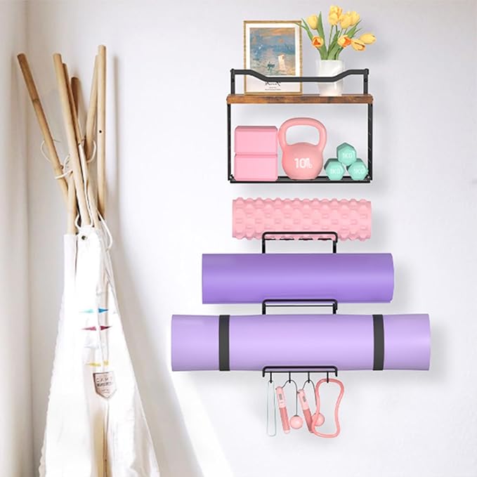 LIDTOP 6-Tiers Yoga Mat Holder Wall Mount with Wood Floating Shelves, Yoga Mat Storage Rack Home Gym Accessories with Hooks for Hanging Stretching Strap & Resistance Bands, Yoga Room/Home Gym Decor
