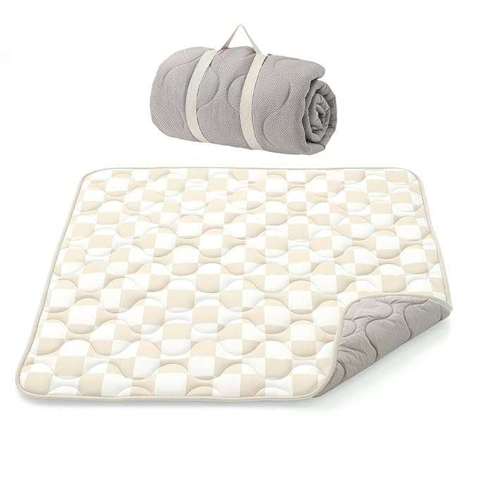 Momcozy Baby Play Mat for Floor, 50"x50" Thickened Playpen Mat | Playmate for Baby Tummy Time, Waterproof & Non-Slip, Foldable Outdoor Mat with Carrying Handle, Khaki Plaid