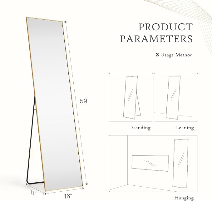NEWBULIG 59"x16" Full Length Mirror, Full Body Standing Mirror, Gold | Leaning or Standing, Tempered Glass, Aluminum Alloy Thin Frame Floor Stand for Bedroom, Cloakroom