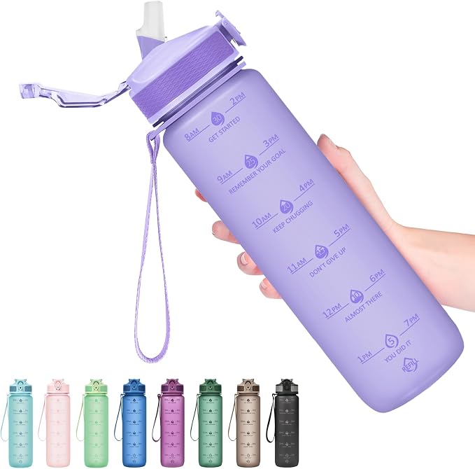 Hyeta Plastic Water Bottle With Straw & Time Marker, 32oz Leakproof Jug | Motivational Tritan BPA Free Gym Office Outdoor Intake Tracker Hourly Reminder Straw Lid Lightweight