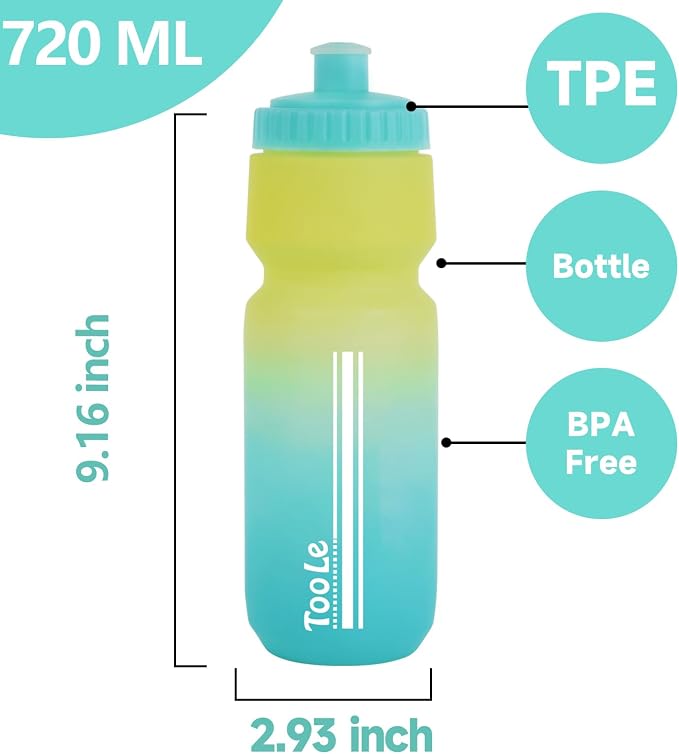 24oz Bike Water Bottle, Cycling Squeeze Water Bottle Leakproof BPA Free | with Capacity Scale w/Pull Top Lid, Reusable, for Bicycle, Gym,Camping, Hiking